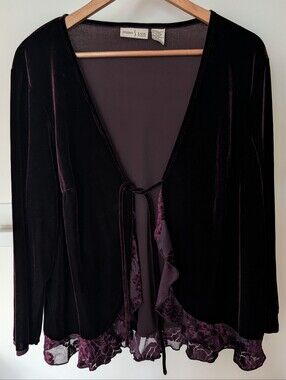 Studio Ease Long Sleeve Velvet Tie Cardigan Burgundy Purple Women's XL Dressy